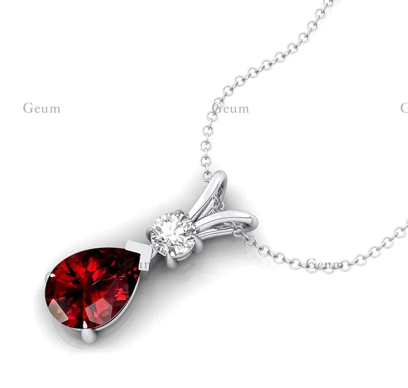 Diamond With Pear Shaped Red Garnet 14k Solid Gold Teardrop Pendant Prong Setting Halo Solitaire Pendants Necklace Fine Jewelry