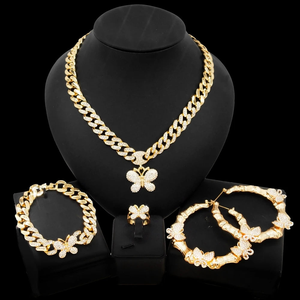 Zhuerrui Butterfly Women's Cuban Chain Bridal Jewelry Sets Famous Brands Hip Hop Style 18 Carat Gold Bridal XO Jewelry Set Z0029
