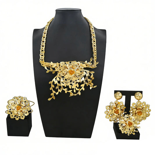 Zhuerrui Luxury 18K Gold Plated Hollow Floral Leaf 4PCS Jewelry Set Brazilian African Necklace Earrings Bracelet Ring HK049822