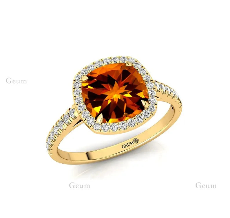 Luxury Classic Wedding Cushion Cut Citrine November Birthstone 18k Solid Gold Women's Diamond Ring