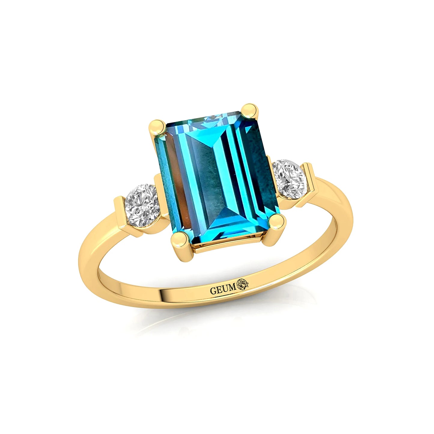 Best Selling Emerald Cut Natural London Blue Topaz Gemstone Real Diamond Classic Halo Solitaire Wedding Ring 18k Solid Gold