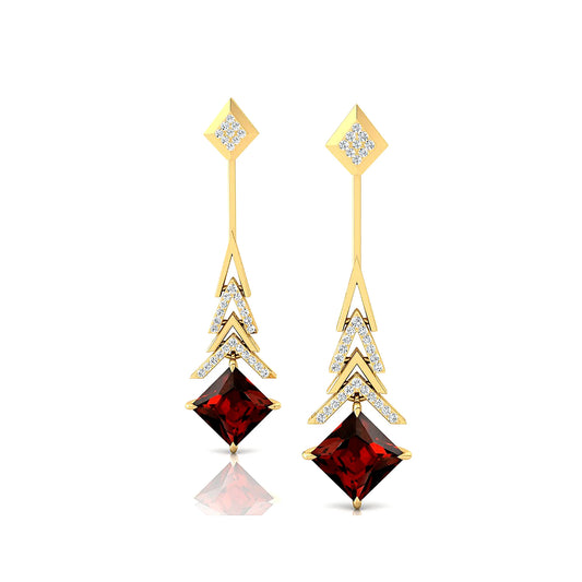 Natural Red Garnet Gemstone & Real Diamond Dangle Drop Earrings Solid Gold Certified Cute Style for Wedding Party or Gift
