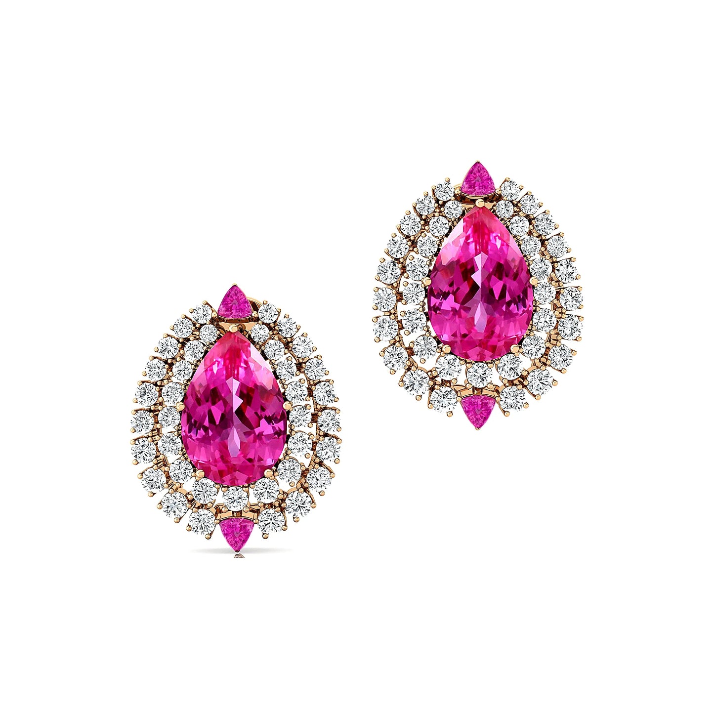 Solid 18k Rose Gold Cute Ear Studs Lab Grown Pink Sapphire Diamonds Halo Stud Earrings for Party Wedding Gifts Handmade Jewelry