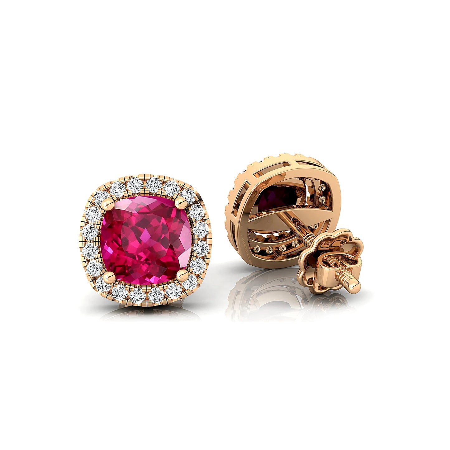 Trendy Lab Grown Pink Sapphire Gemstone & Diamond Halo Stud Earrings 18k Solid Gold Cushion Cut Halo Earrings Handmade Jewelry