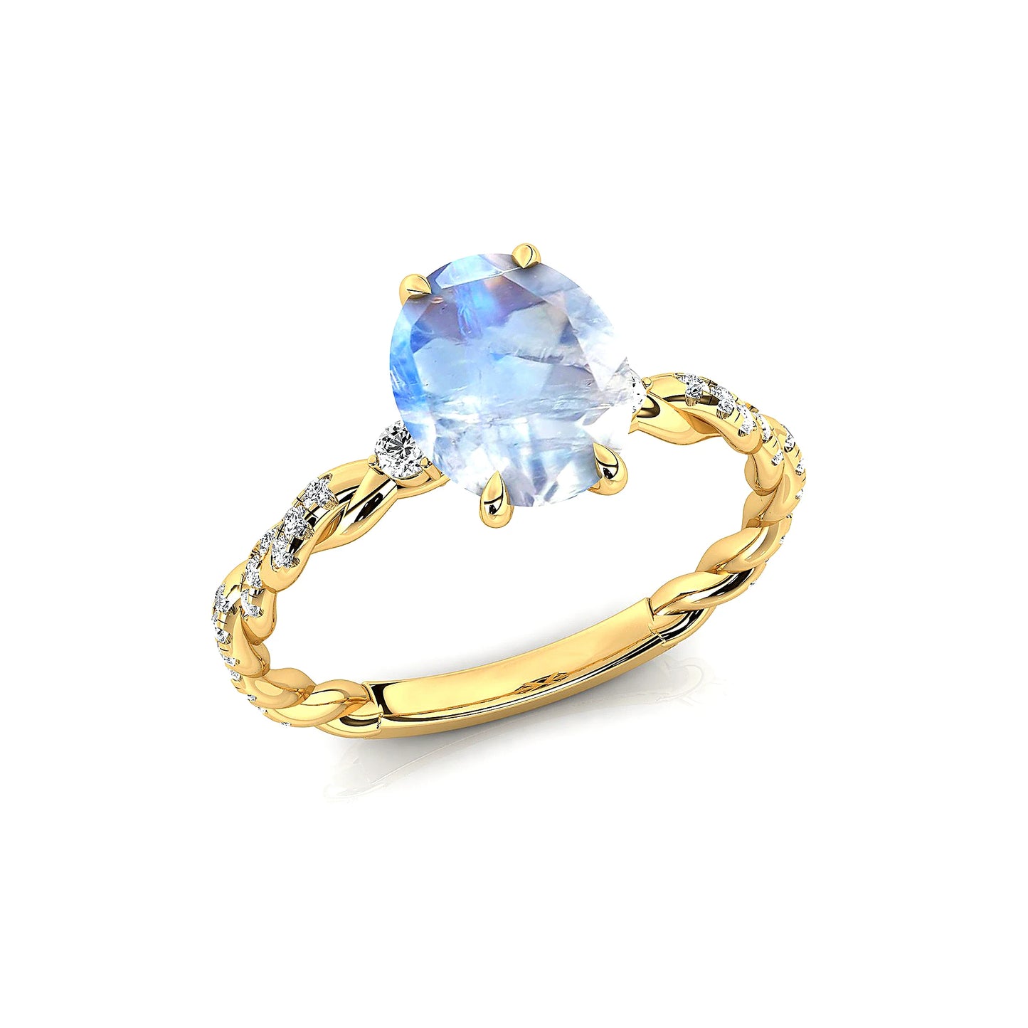 Natural Rainbow Moonstone Real Pave Diamonds Solitaire Twisted Ring 18kt Solid Gold Rhodium Plated Prong Set Bridal Party Rings