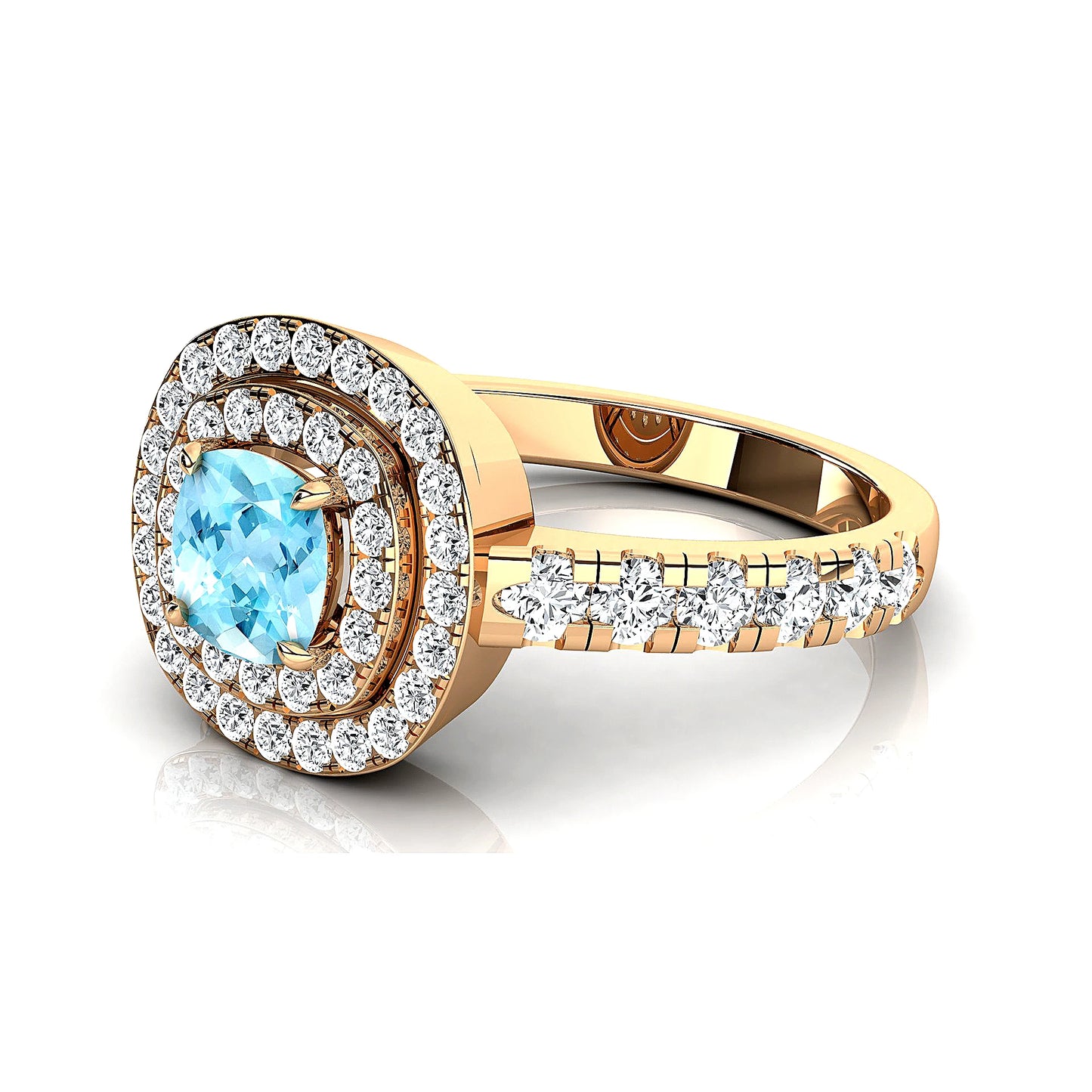 100% Natural Birthstone Aquamarine Gemstone Fine White Diamonds Solid Gold Bulk Double Halo Ring For Wedding and Engagement