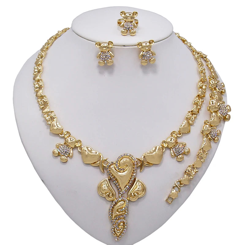 Zhuerrui Newest Design 14K Gold Plated Wedding Party Jewelry Sets I Love You Xo Big Teddy Bear Hug and Kiss Jewelry Set X0077