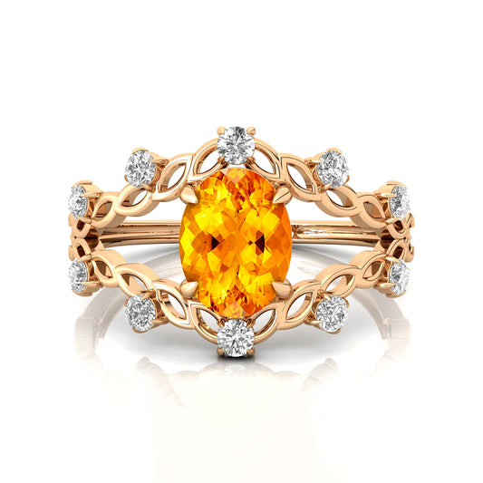 Unique Design Oval Cut 1.25Ct Natural Citrine Gemstone & Diamond Anniversary Rings in 18k Solid Gold Fine Jewelry Wedding Rings