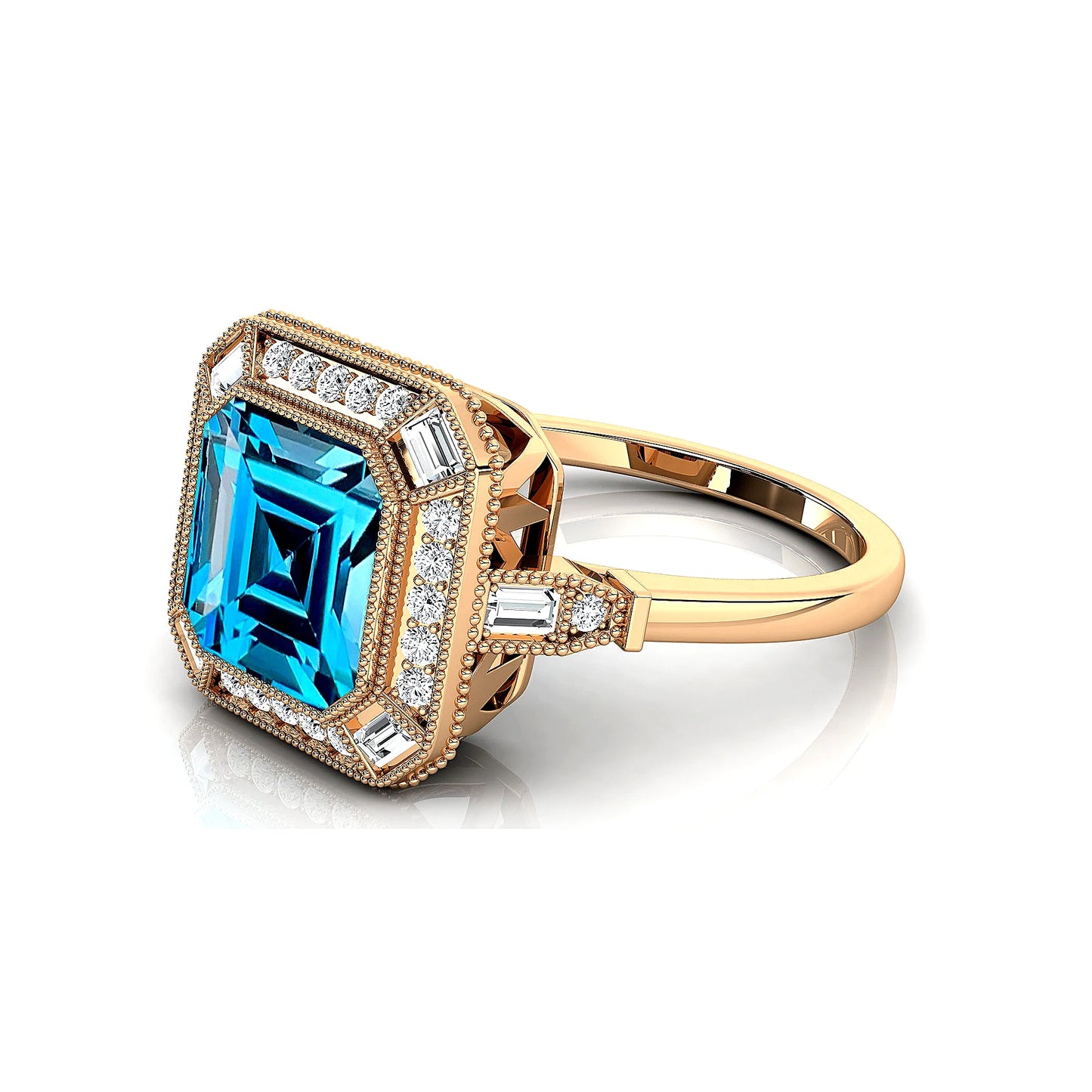 Antique Design Natural London Blue Topaz Gemstone Ring Solid 18k Pure Gold Handmade Solitaire Halo Rings For Engagement Gift