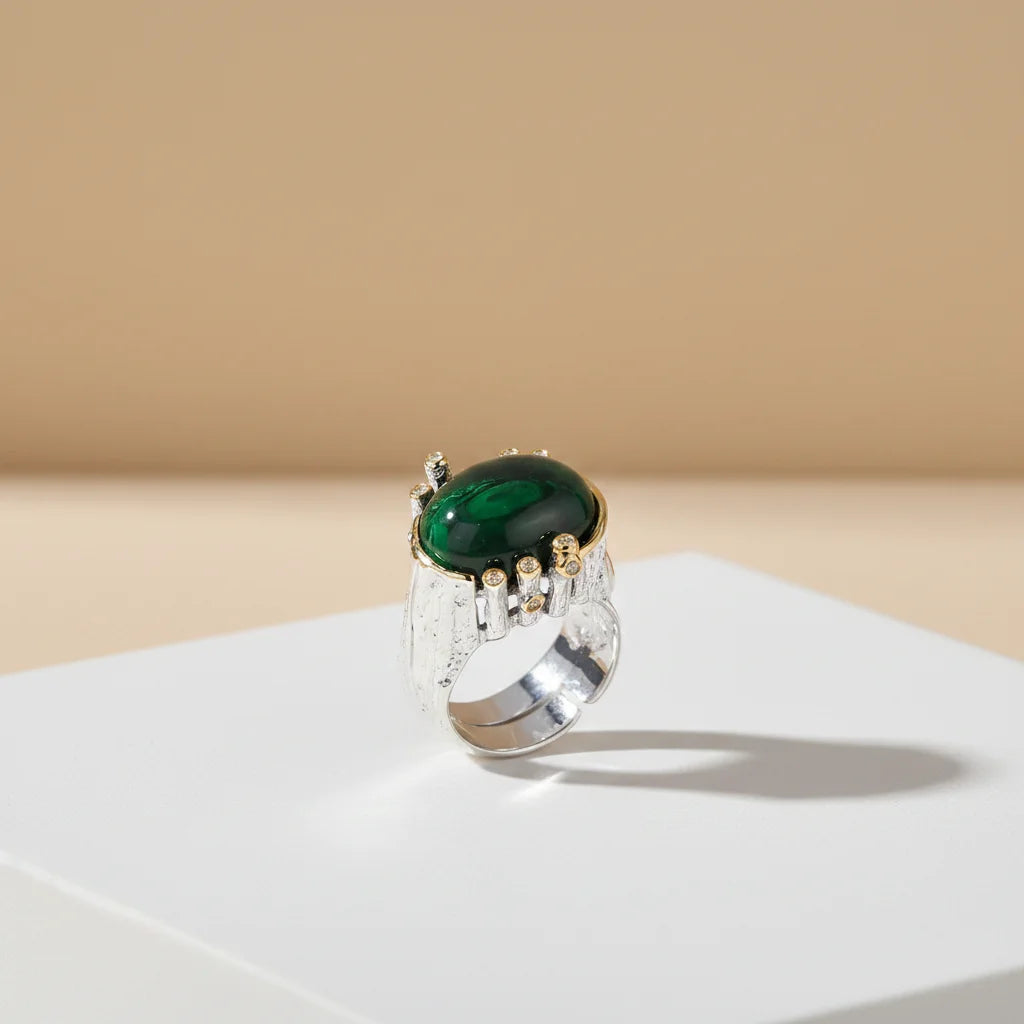 Handmade Retro Design 925 Sterling Silver Big Green Glass Ring