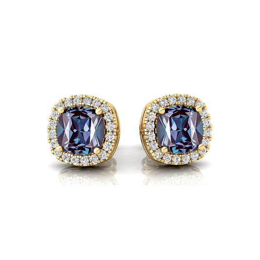18k Solid Gold Lab Grown Alexandrite Dainty Halo Stud Earrings With Natural Diamonds Fine Jewelry Stud Earrings Wedding Gift