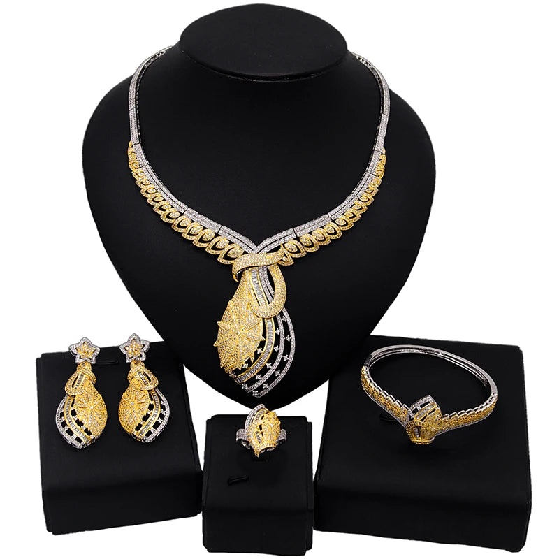 Zhuerrui Cubic Zirconia Costume Jewelry Set Dubai Ladies Brass Necklace Bracelet Earring Ring Wedding Jewelry Sets HZ201101126