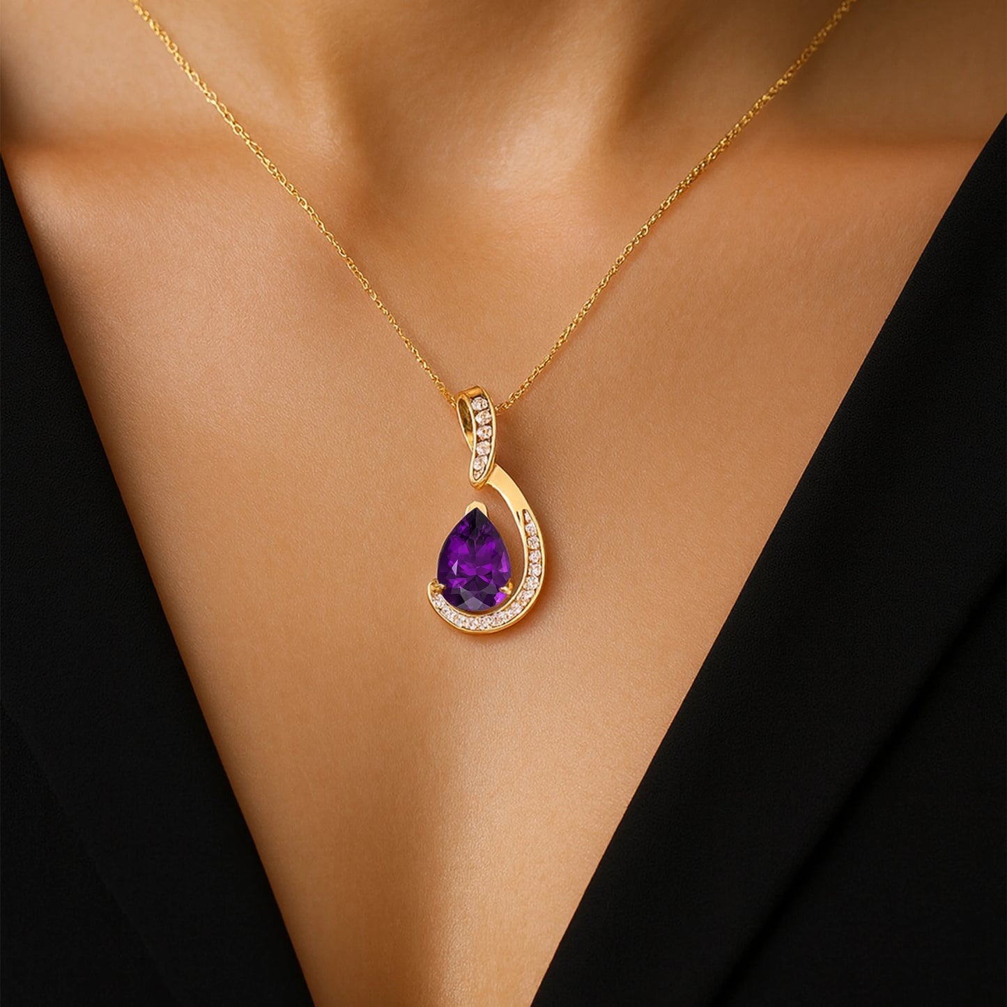 Luxury Hand Crafted 18k Solid Gold Diamonds Pendant Natural Amethyst Gemstone Pear Cut Rhodium Plated Classic Pendant For Her