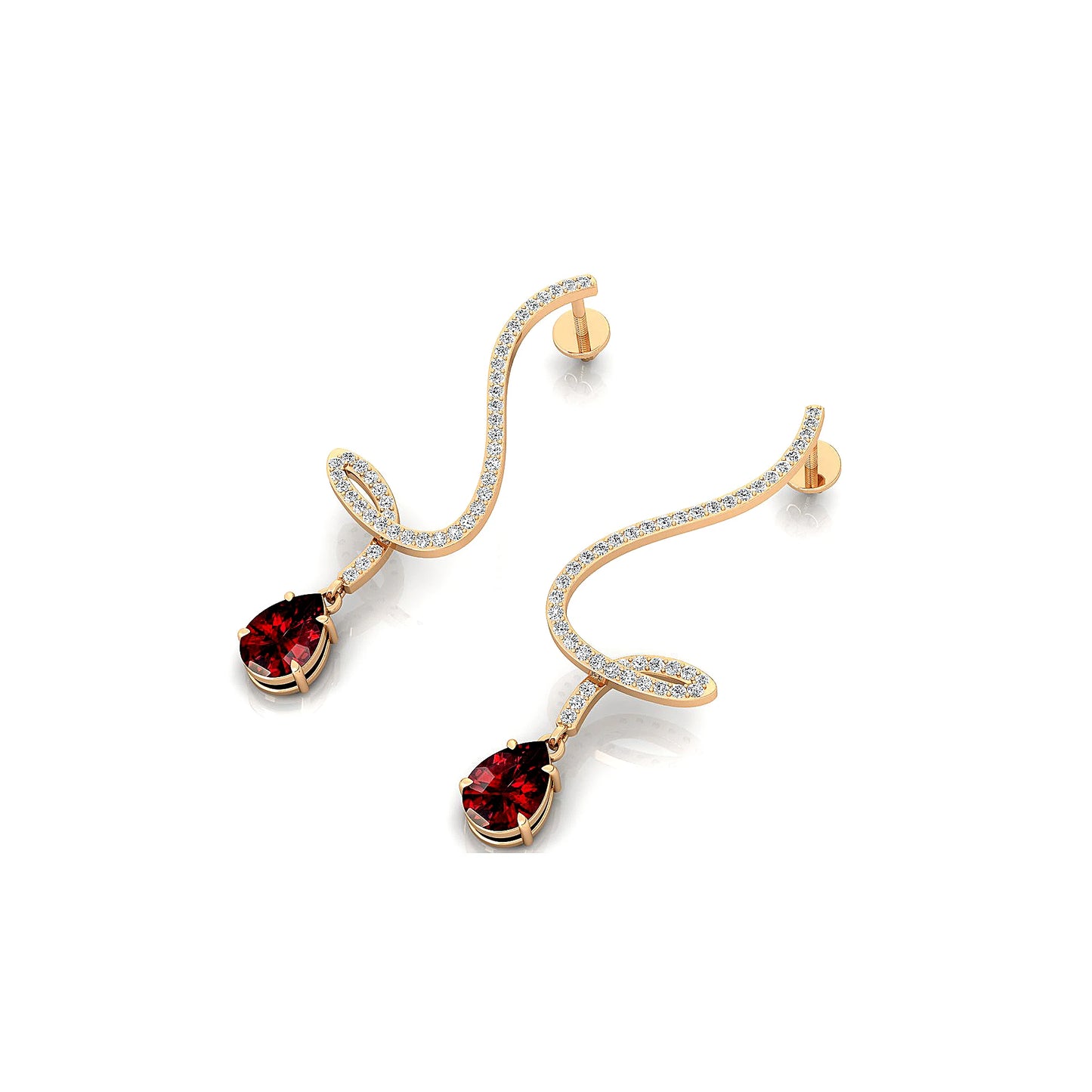 Natural Garnet Gemstone Real Spiral Diamonds Long Dangling Drop Earrings 18K Solid Gold Rhodium Plated Wedding Gift For Her