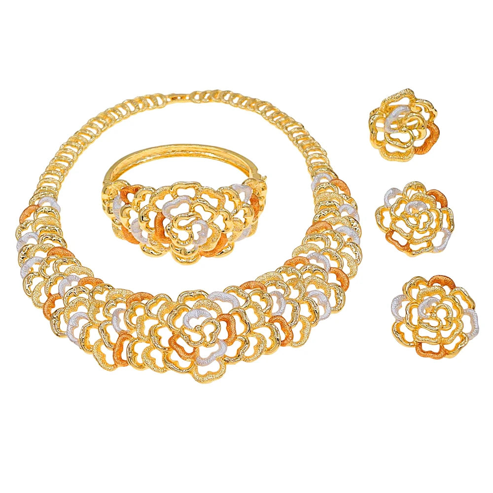 Zhuerrui Italian Gold Plated Jewelry Set Three Tone Floral Pattern Multi Layer Necklace Earrings Bracelet Ring Party I006220