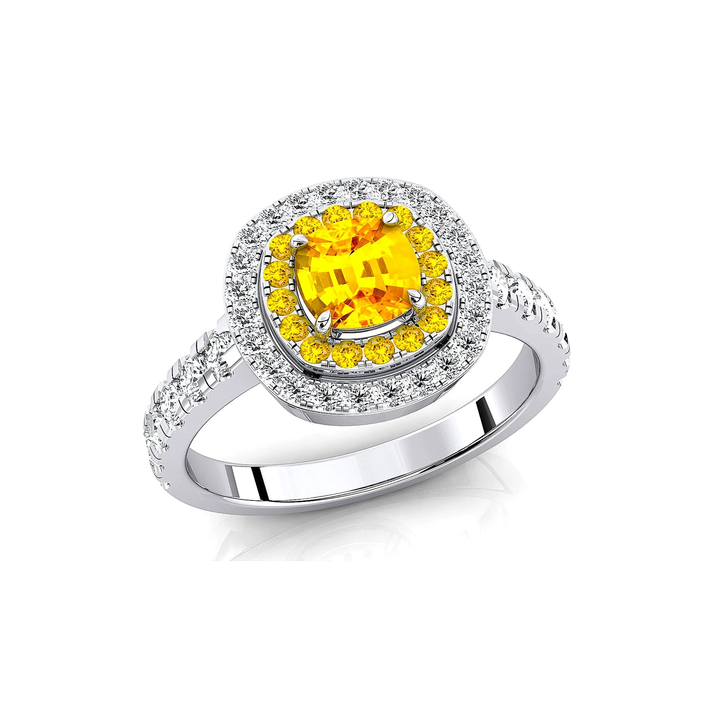 18K Pure Gold Lab Grown Yellow Sapphire Stone and Natural Diamonds Classic Engagement Double Halo Ring Wedding Fine Ring Jewelry