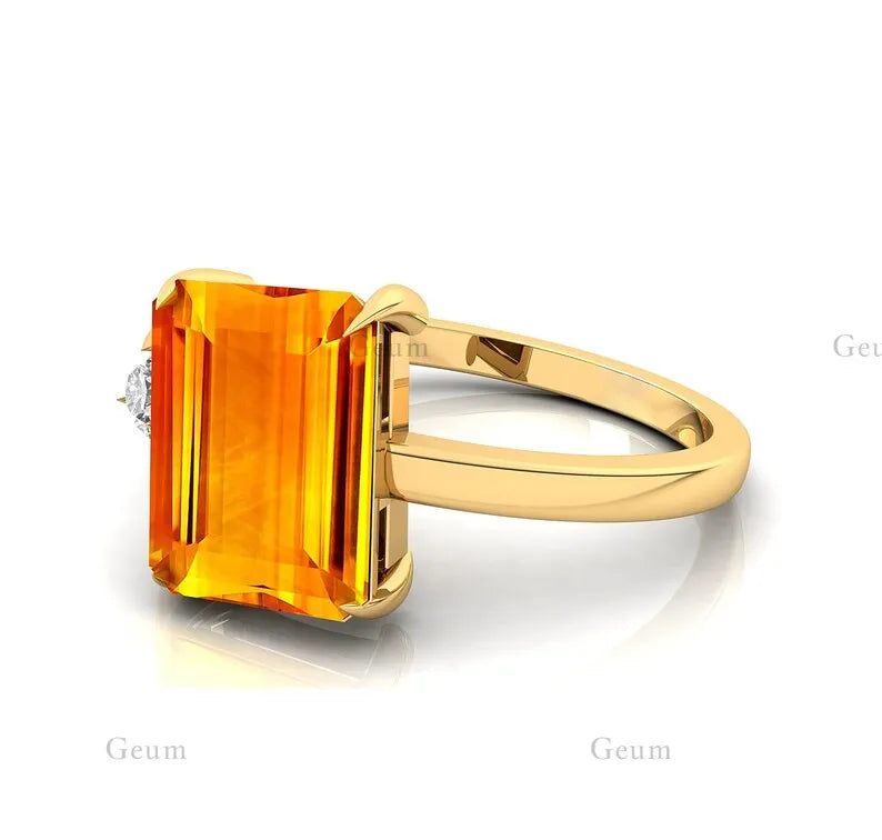 Luxury 14k Solid Gold Natural Citrine Ring Prong Setting Handmade Round Cut White Diamond Wedding Gemstone Jewelry Gift for Her