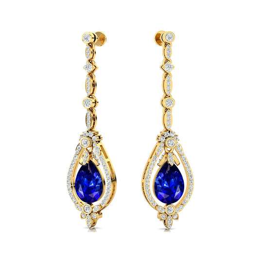 100% Lab Grown Blue Sapphire Luxury Handmade Solid Gold Drop Earrings with Real Diamonds Cute Style Party Gift Jewelry