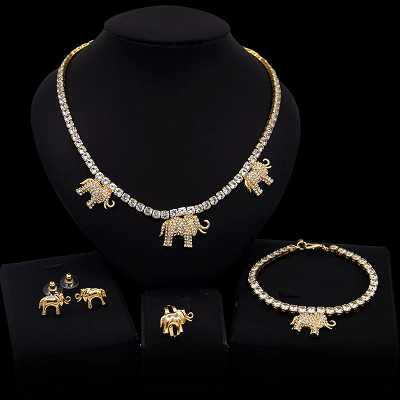 Zhuerrui Crystal Elephant I Love You Hug and Kiss Jewelry Set 14k Gold Plating Wedding Party Jewelry Set for Woman Gift X0067