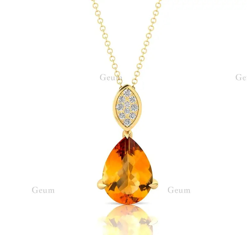 100% Natural Citrine Gemstone Cute Design Tear Drop Pendants Solid Gold Rhodium Plated Prong Set Wholesale Diamond Necklace