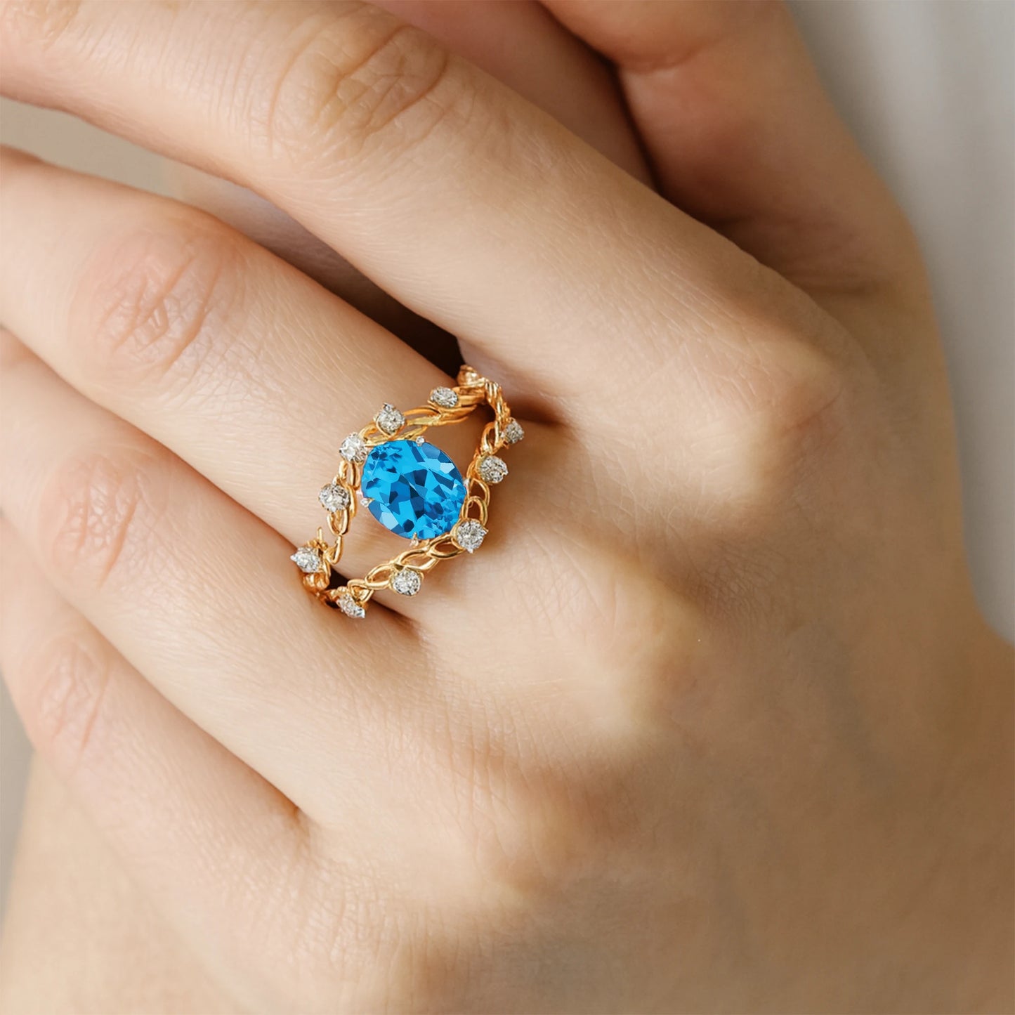 14Kt Solid Gold Classic for Swiss Blue Topaz Gemstone Rings Real Diamonds Women's Engagement Wedding OEM Jewelry Valentine's Day