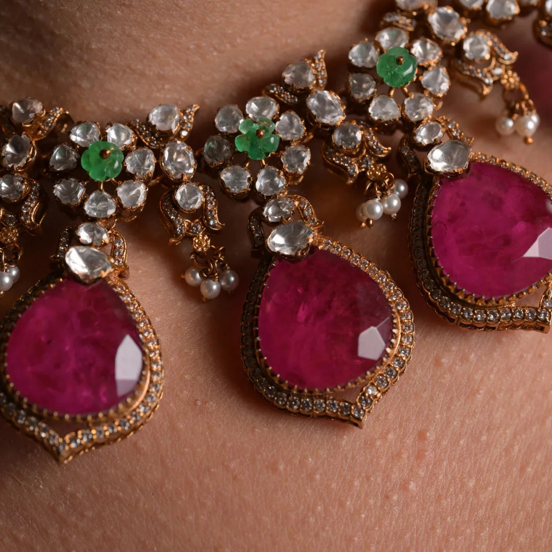 Royal Gulabi Rani Haar Gajaah 925 Silver Ruby Polki Diamond Emerald Statement Necklace Bridal Jewellery For Women