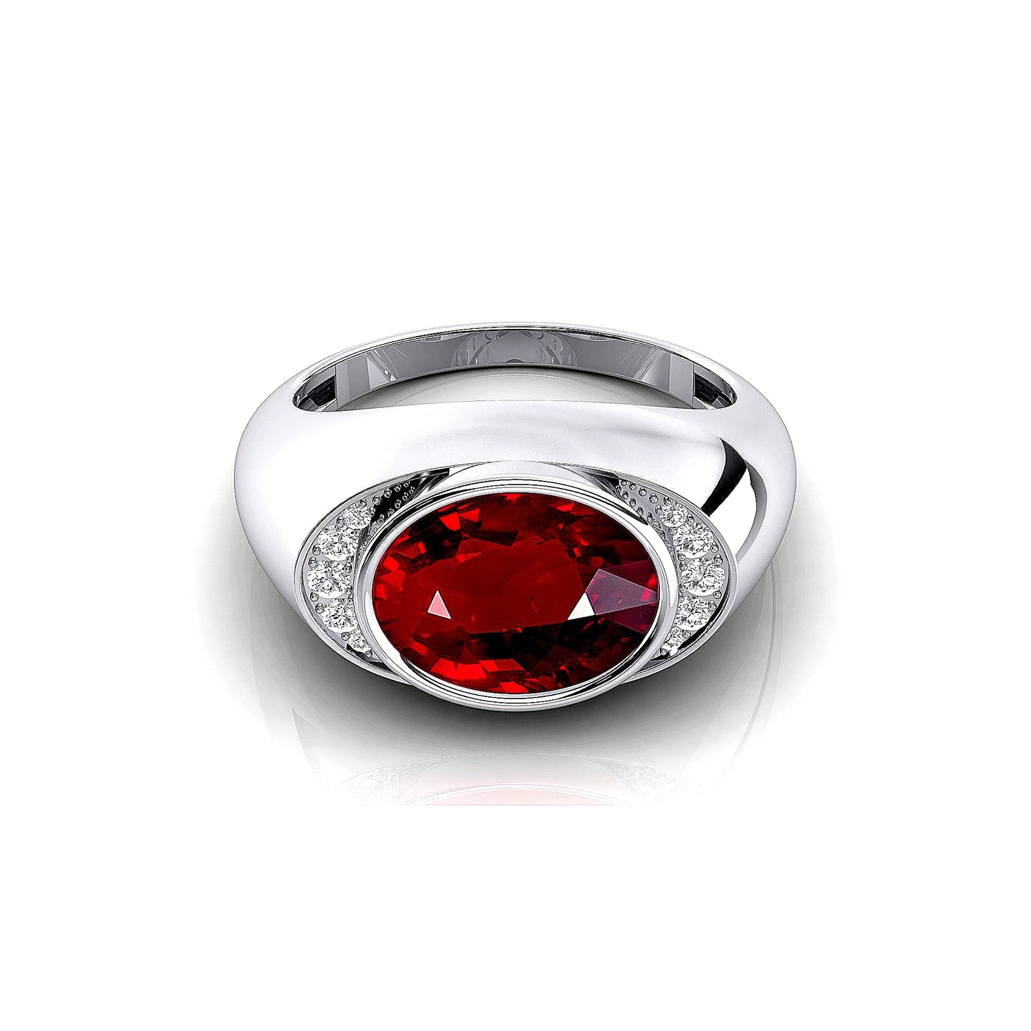 July Birthstone Oval Lab Grown Ruby Halo Signet Ring in 18K Solid Gold with Real White Diamonds Rhodium Plated Wedding Ring Gift