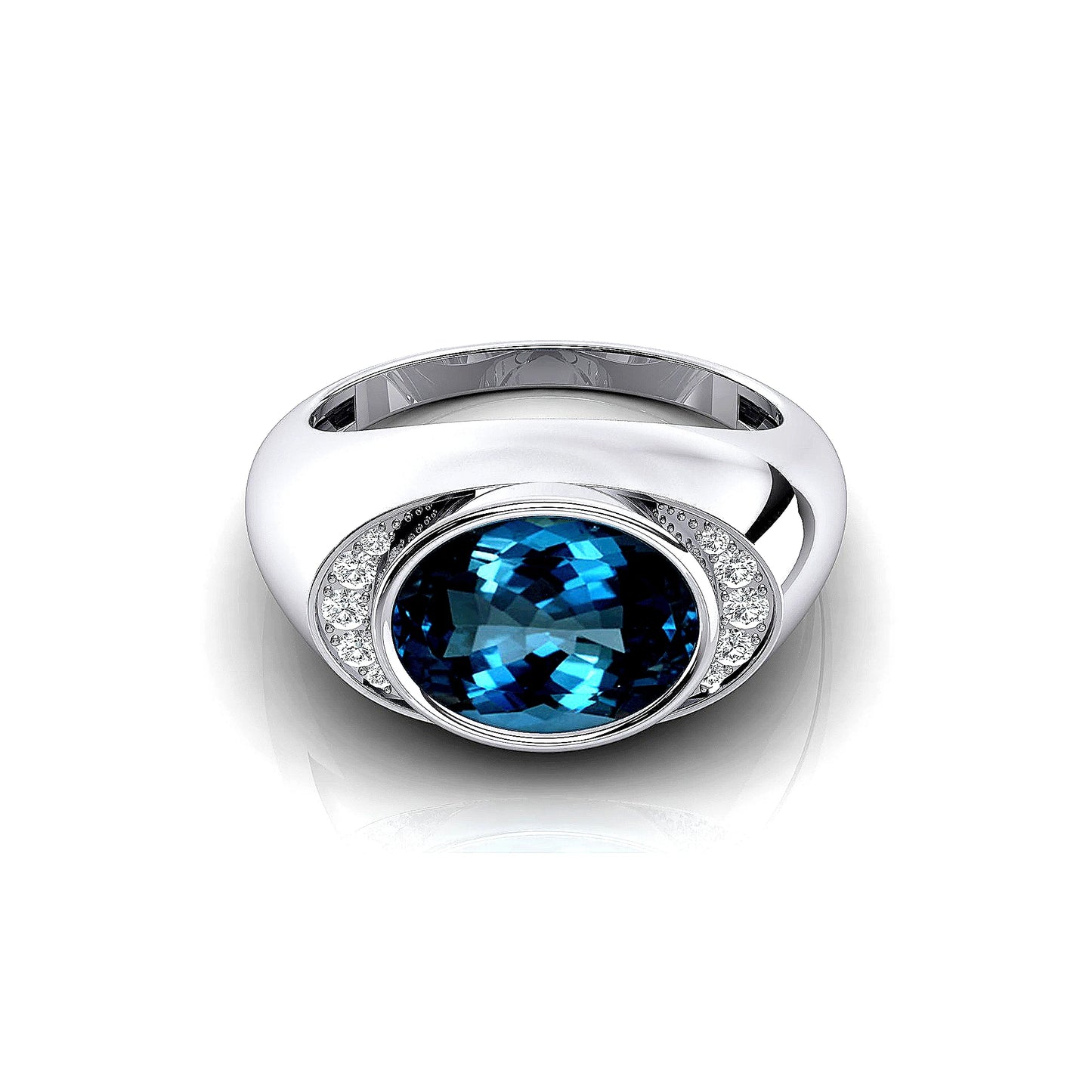 Oval Cut Natural London Blue Topaz Gemstone and Real Diamonds Signet Ring 18k Solid Gold Rhodium Plated Fine Party Gift For Her