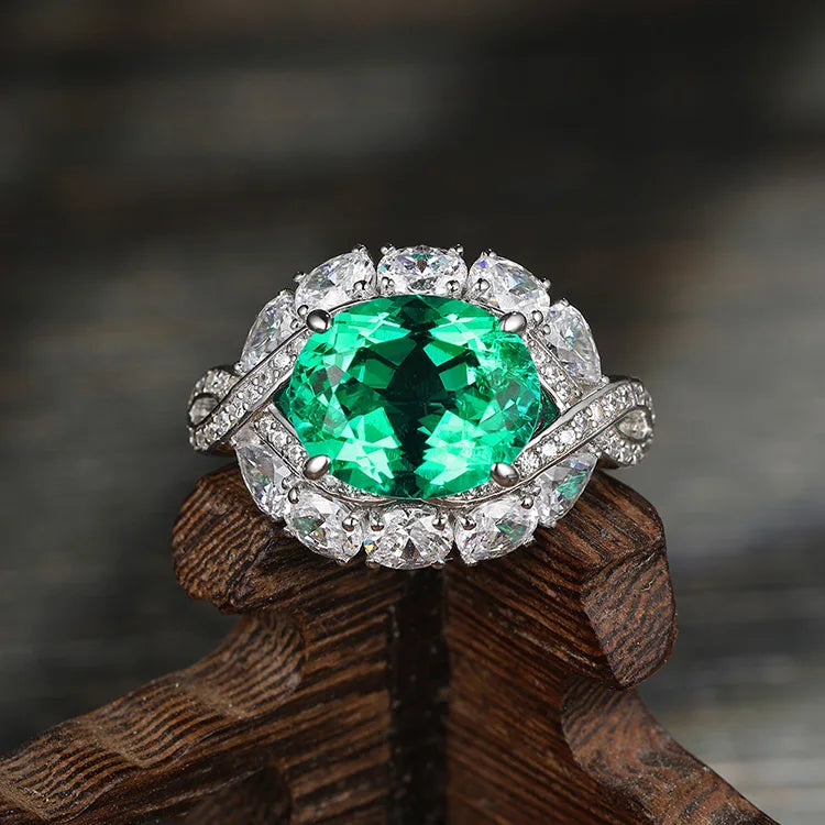 Gemfiori Anster Lab Made Diamonds and Ring S925 Sterling Silver Oval Cut Lab Created Emerald Women Ring