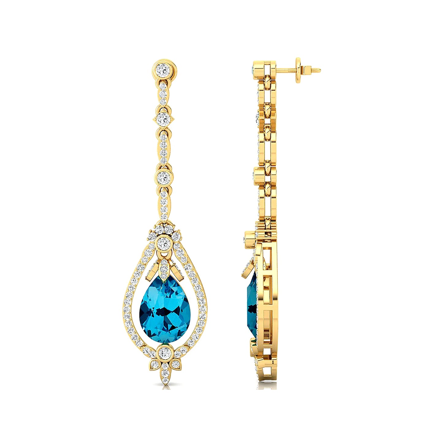 18k Solid Gold Earrings Natural Swiss Blue Topaz Real Diamonds Tear Drop Shape Dangle Halo Earrings Wedding Party Gift For Her