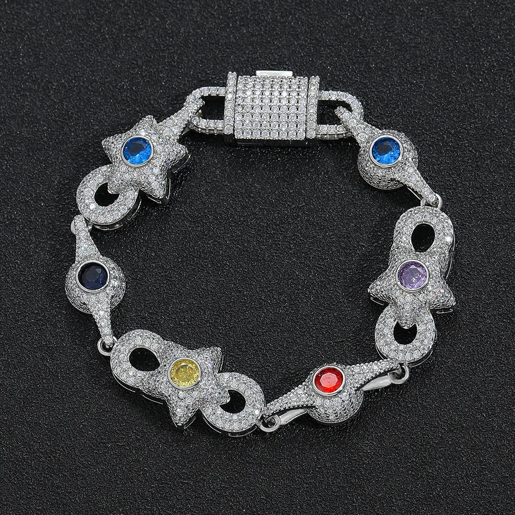 Iced Star Bracelet with Multicolor CZ Stones Brass Base Colorful Gemstone for Mens Rapper Style Jewelry Wholesale Factory Supply