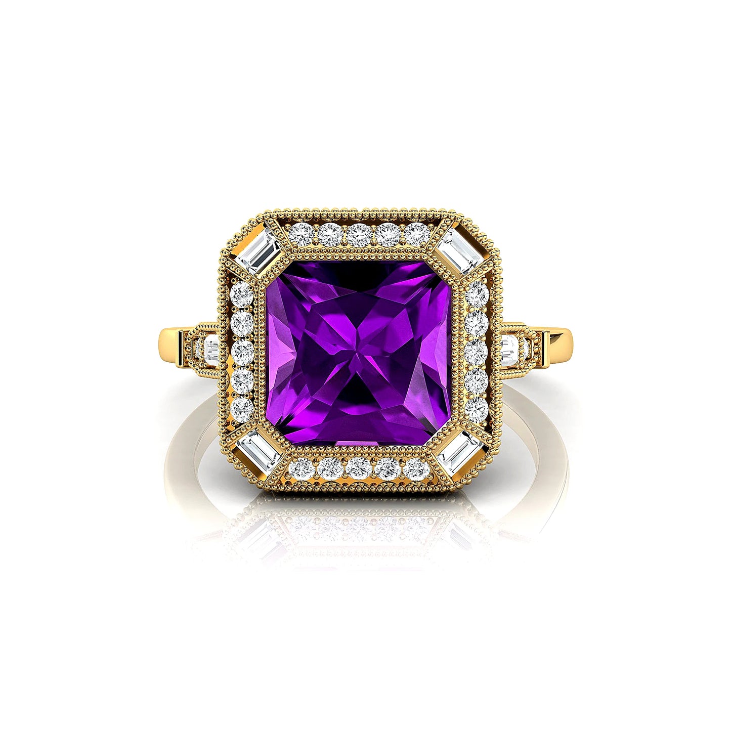 18K Solid Gold Rhodium Plated Natural Amethyst & Real Diamonds Classic Solitaire Engagement Ring Fine Bridal Jewelry