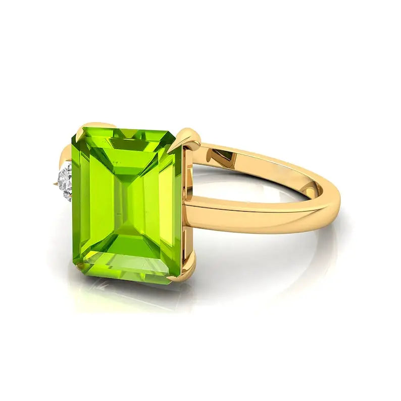 14k Yellow Solid Gold Natural Peridot & Solitaire Round Cut Diamond Engagement Ring Gift for Fiance Champagne Gold Jewelry
