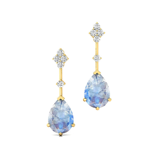 High Quality Natural Rainbow Moonstone Gemstone Real Diamonds Stud Earrings 18k Solid Gold Rhodium Plated Cute Fine Birthstone