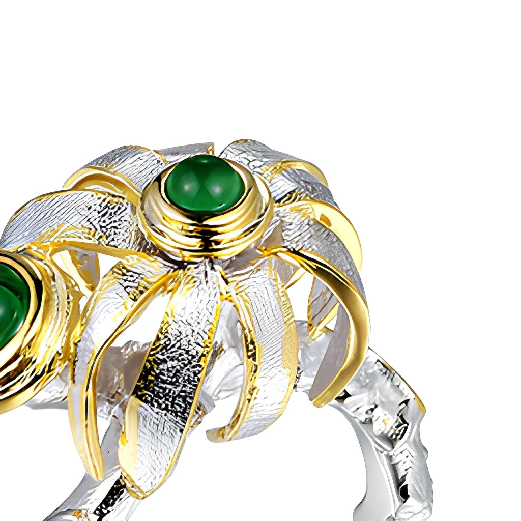 925 Sterling Silver Round Flower Italy Design Ring with Green Glass for Women