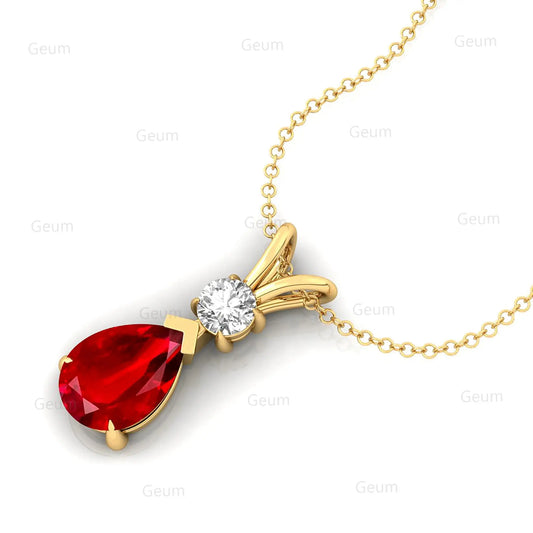 Pear Cut Lab Grown Red Ruby Gemstone Pendant With IGI Certified Diamond 14K Solid Gold Pendant Necklace Wedding Gift For Her