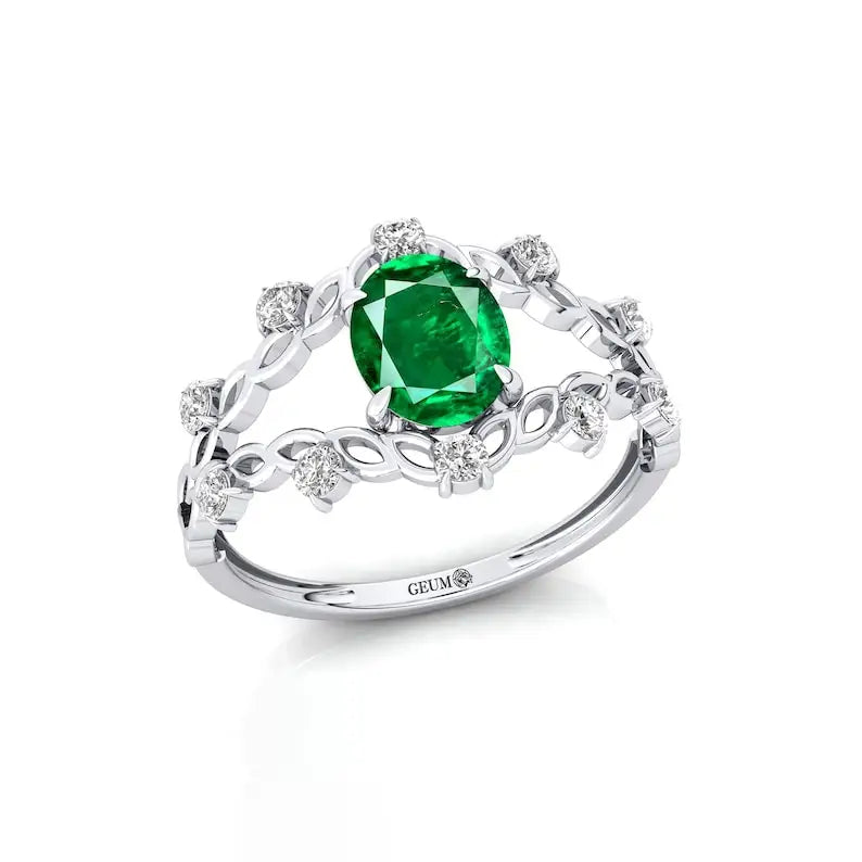 Lab Grown Oval Emerald Gemstone & Real Diamond Ring 14K Yellow Gold Classic Engagement Jewelry Birthday Gift Her Wholesale OEM
