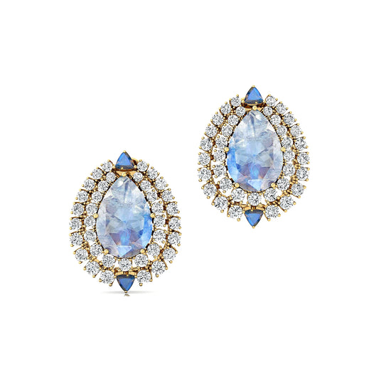 Luxurious Fashionable Cute 18k Solid Halo Stud Earrings Natural Rainbow Moonstone Real Diamonds Gift 14k Solid Gold Jewelry