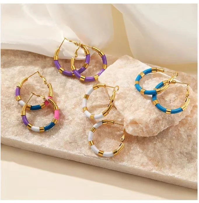 Colorful Oil-Dripping Stainless Steel Hoop Earrings Unique Simple Geometric Round Design 18K Gold-Plated for Ladies