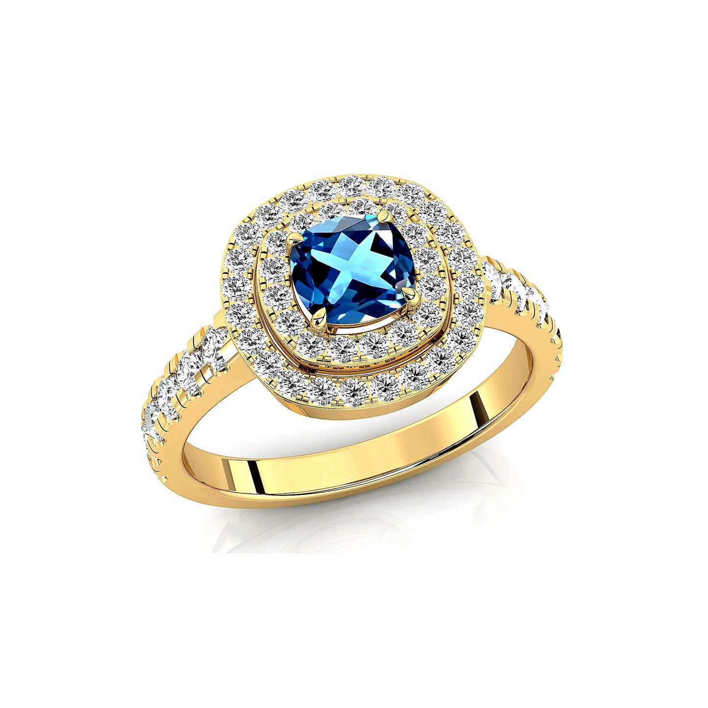 14k Solid Gold Rings Natural London Blue Topaz Real Diamonds Classic Wedding Halo Ring Rhodium Plated Women Jewelry Gift For Her