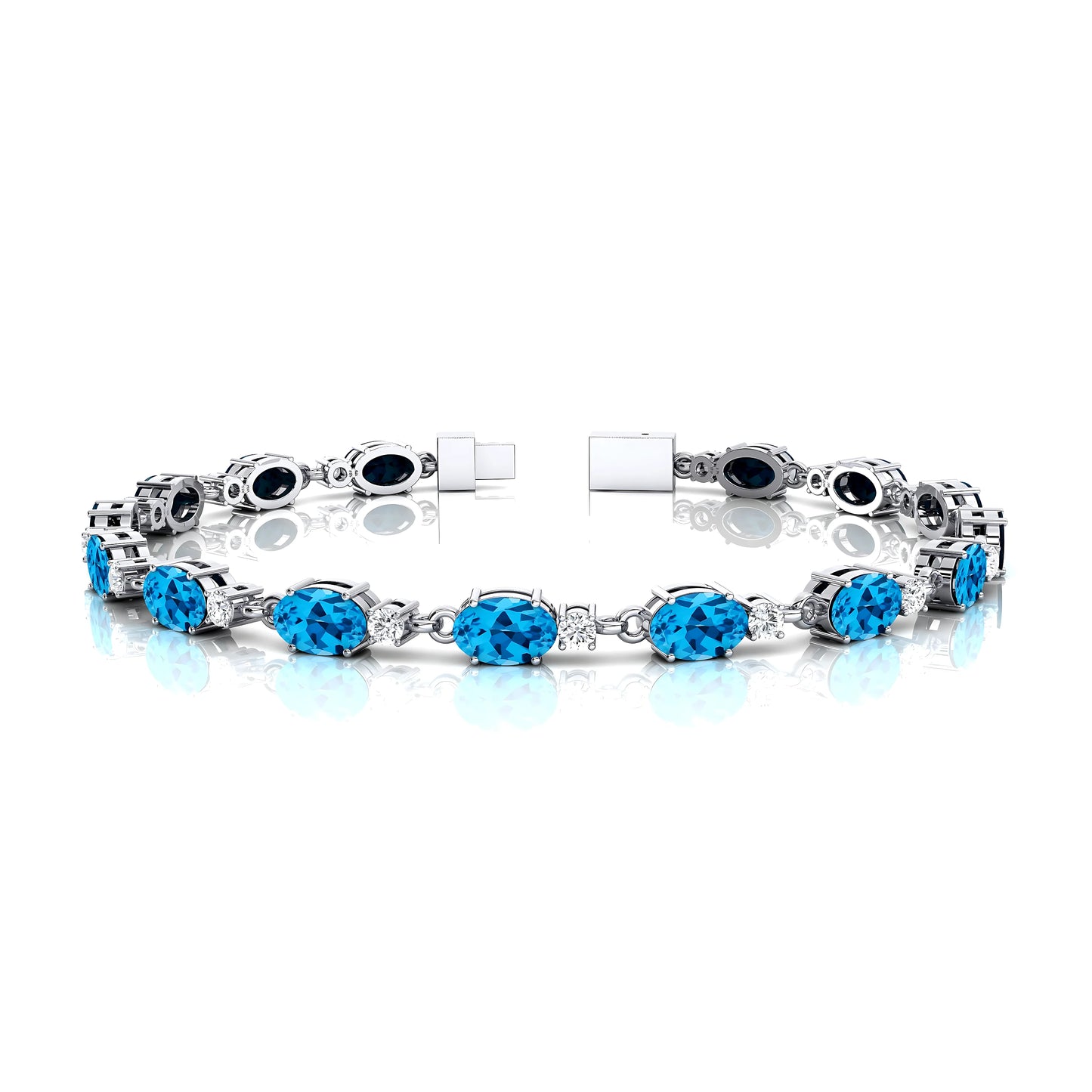 14K Pure Gold Oval Cut Swiss Blue Topaz With Round Real Diamonds Tennis Bracelet 2025 New Design Unisex Classic Tennis Bracelet
