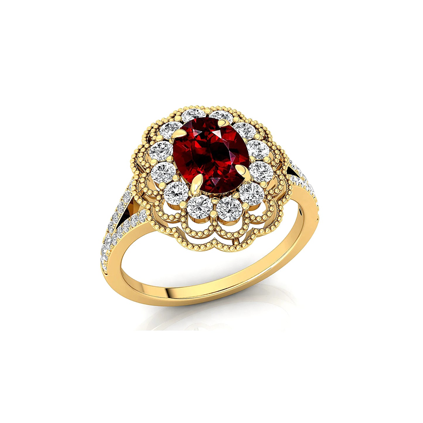 14k Solid Gold Rings Natural Garnet Gemstone Fine Real Diamonds Rhodium Plated Classic Women's Oval Cut Birthstone Halo Ring