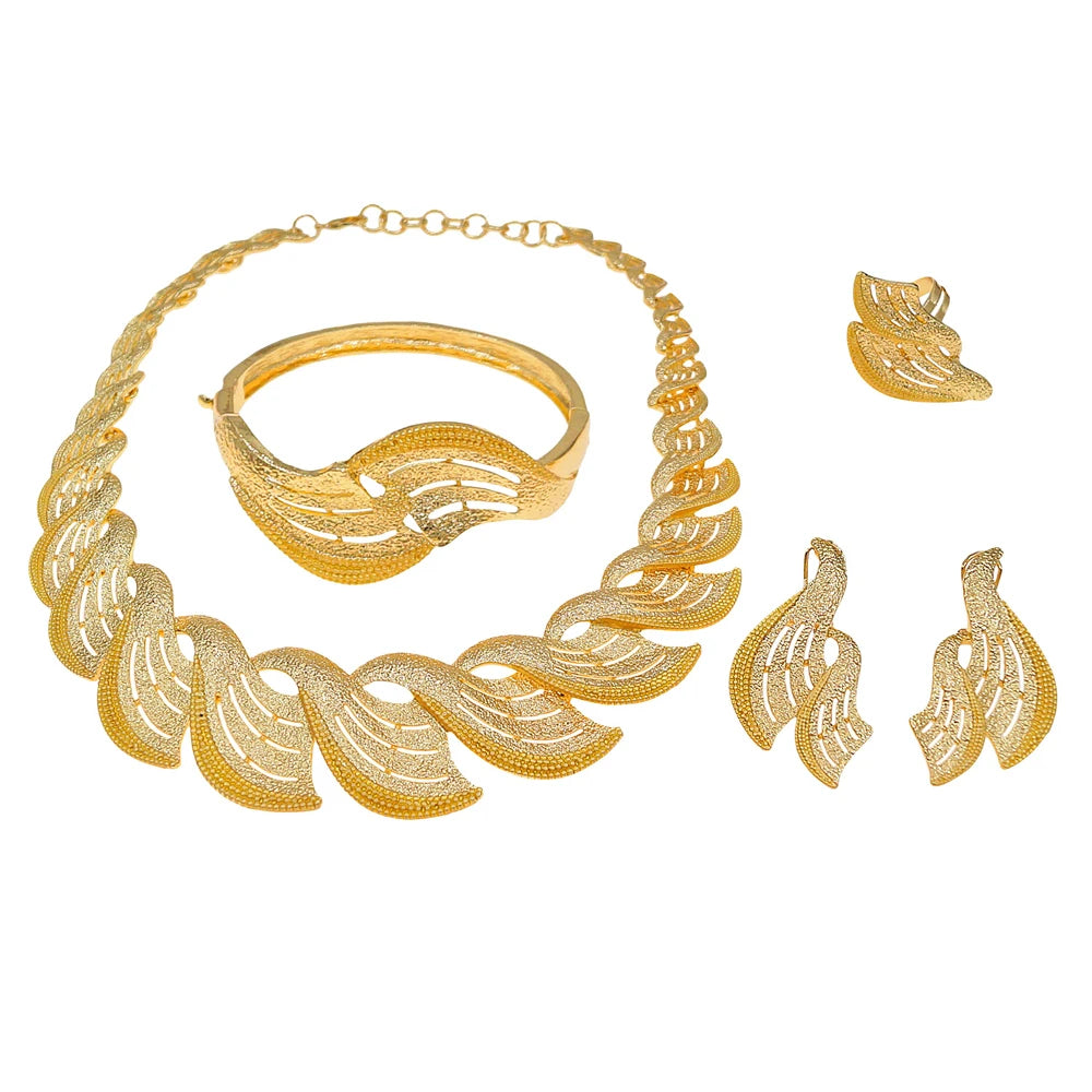 Zhuerrui Italian Gold Plated Jewelry Set Hollow Fan Streamline Necklace Earrings Bracelet Ring Women Ceremony Accessory I0003820