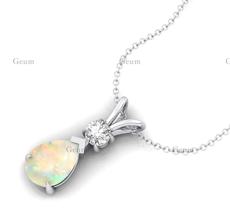 Pear Cut Natural Ethiopian Opal Solitaire Pendant in 14k Solid Gold Rhodium Plated Cute Style Diamond Round Cut Charm Pendant
