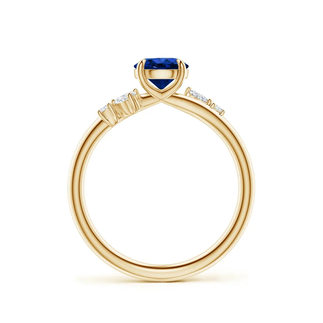 14K Solid Gold 6MM Round Cut 1 Ctw Blue Sapphire Engagement Ring with Multi-Shape Natural Certified Diamond Accents Fine Jewelry