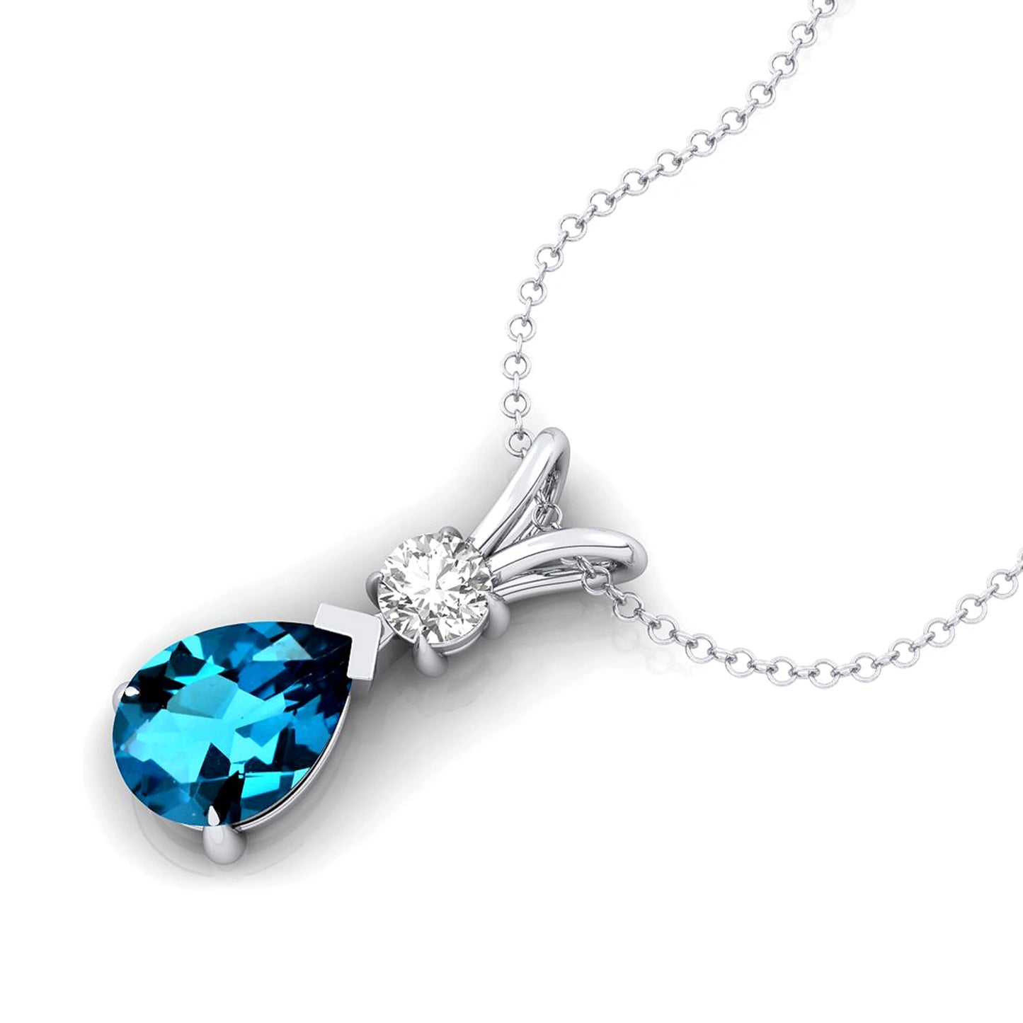 Pear Shape London Blue Topaz 14K Solid Gold Rhodium Plated Pendant Natural Diamond Tear Drop Necklace Anniversary Gift For Wife