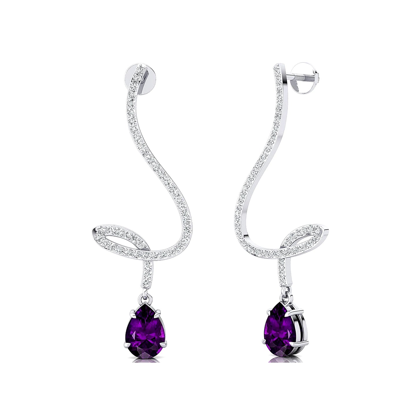18k Solid Gold Natural Amethyst Gemstone Dangle Drop Earrings with Real White Natural Diamonds Fine Birthstone Wedding Gift