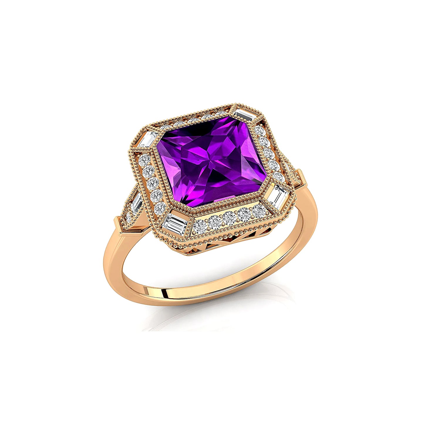 18K Solid Gold Rhodium Plated Natural Amethyst & Real Diamonds Classic Solitaire Engagement Ring Fine Bridal Jewelry