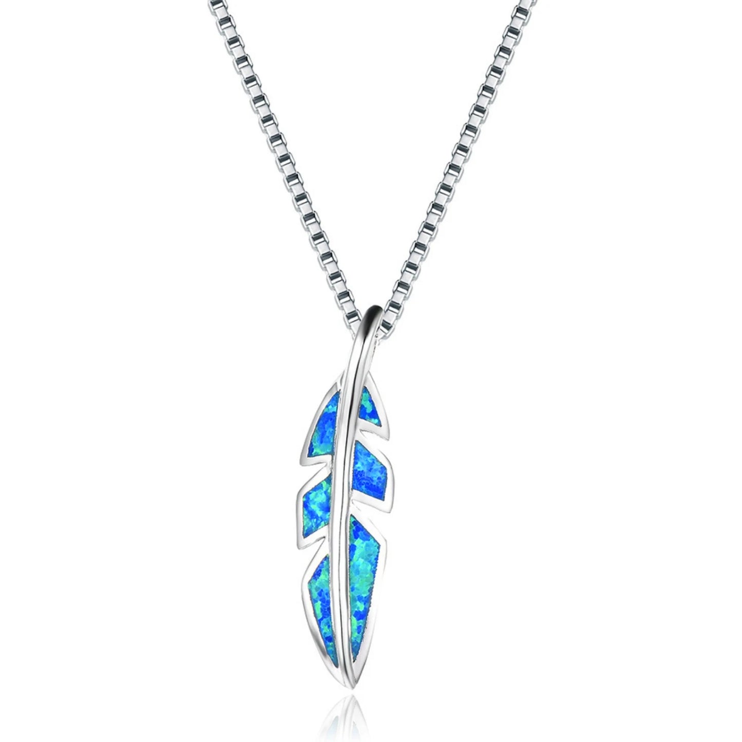 Marine Ray Copper Opal Pendant Necklace-Blue Fire Opal Inlaid Feather Design Link Chain | Coastal Nature Jewelry Bulk Gifts