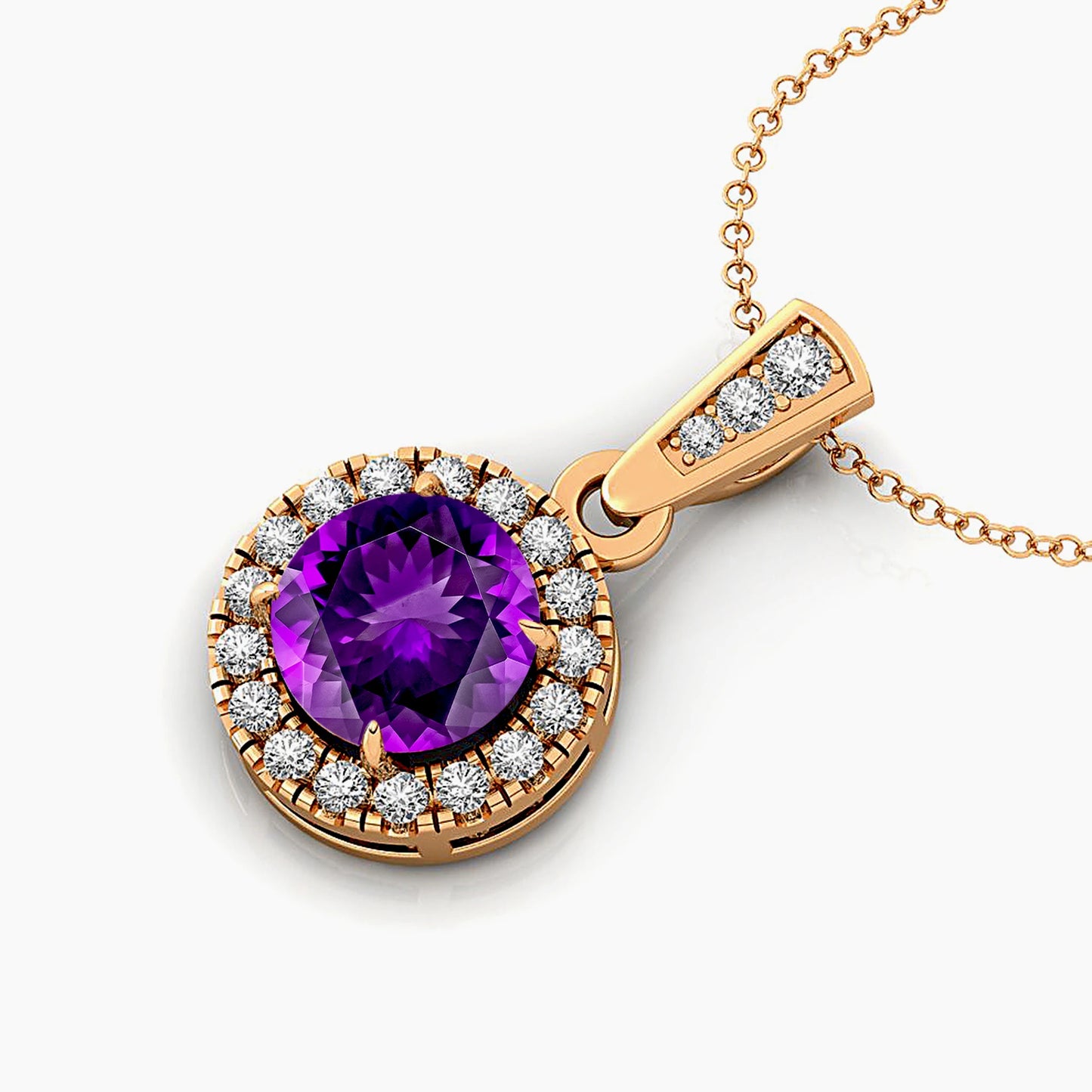 Natural Amethyst Gemstone Cute Minimalist Halo Solitaire Pendant 14K Solid Gold Rhodium Plated Diamond Gift
